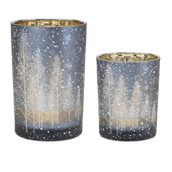 Navy Pine Tree Glass Candle Holder Set of 2