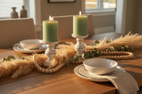Set of 2 Green LED Pillar Candles Realistic Flicker – Traditional Farmhouse Seasonal Décor