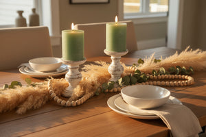 Set of 2 Green LED Pillar Candles Realistic Flicker – Traditional Farmhouse Seasonal Décor
