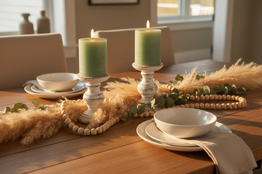 Melrose Raw-Set of 2 Green LED Pillar Candles Realistic Flicker – Traditional Farmhouse Seasonal Décor