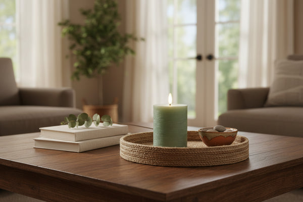 Set of 2 Green LED Pillar Candles Realistic Flicker – Traditional Farmhouse Seasonal Décor