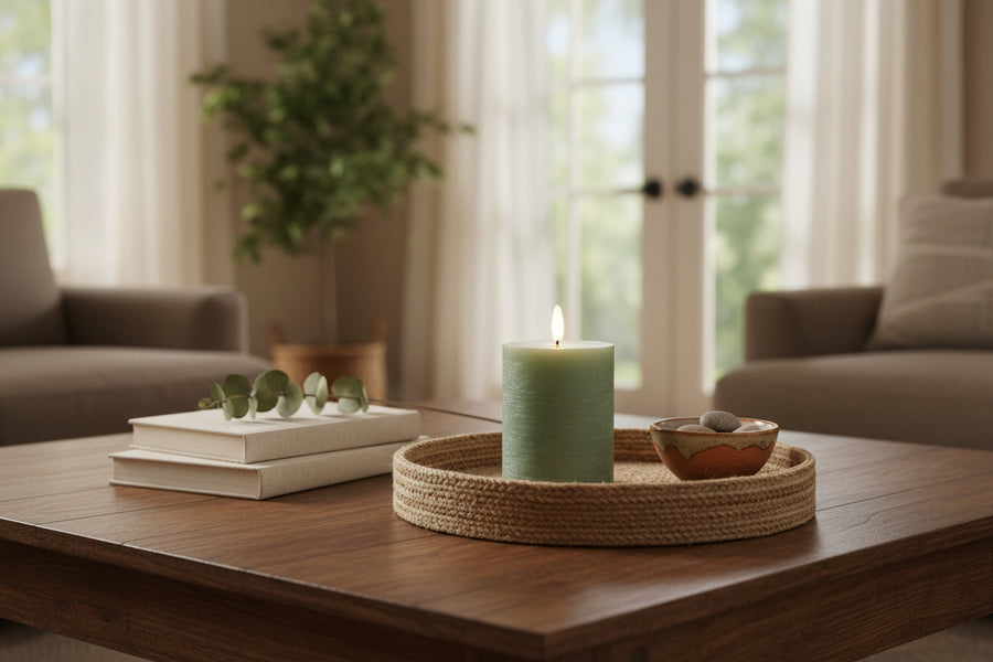 Set of 2 Green LED Pillar Candles Realistic Flicker – Traditional Farmhouse Seasonal Décor