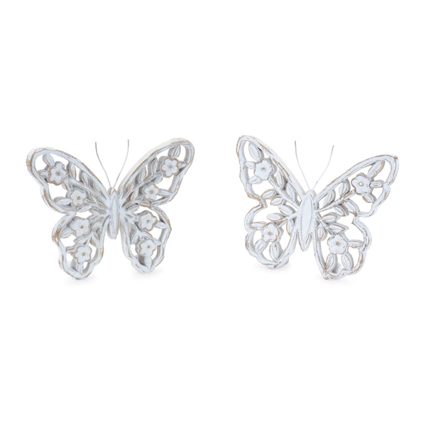 Melrose Raw-Set of 2 White Washed Floral Butterfly Decor – Farmhouse Spring Accent Figurines