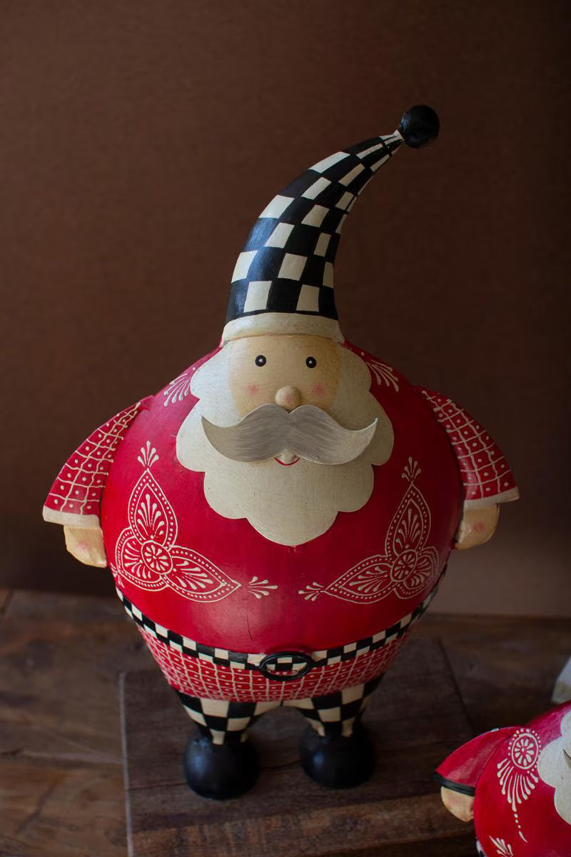 Set of 2 Painted Metal Santas with Checkered Detail