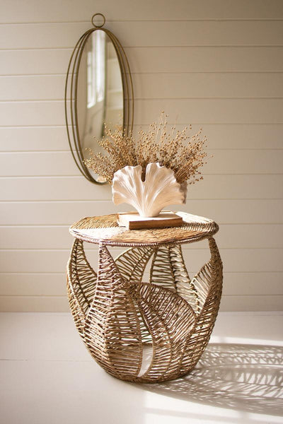 Fern detail seagrass side table, handwoven in Haiti, 25 inches high in natural tan