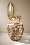 Fern Detail Seagrass Side Table – Round Handwoven Coastal Accent Table, 25.5"