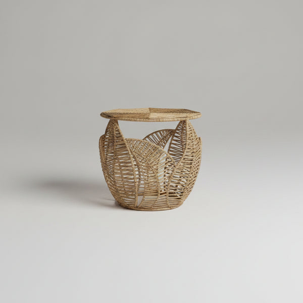 Kalalou Raw-Handwoven Seagrass Side Table with Fern Detail – Textured Boho Accent Décor
