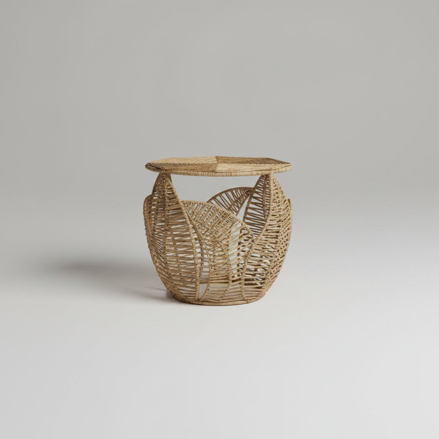 Kalalou Raw-Handwoven Seagrass Side Table with Fern Detail – Textured Boho Accent Décor