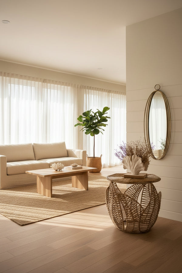 Handwoven Seagrass Side Table with Fern Detail – Textured Boho Accent Décor
