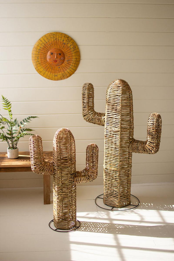 Set of Two Woven Seagrass and Iron Cacti – Boho Coastal Tabletop Décor