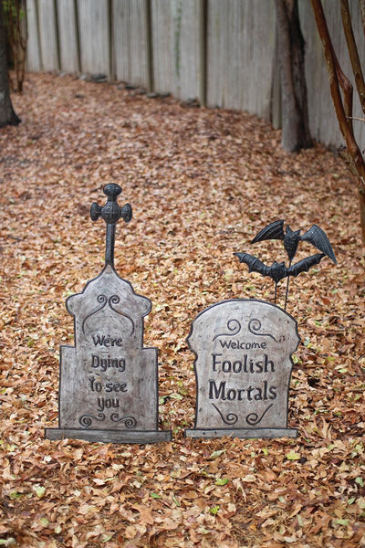 Set of Two Hand-Hammered Painted Metal Tombstone Yard Stakes