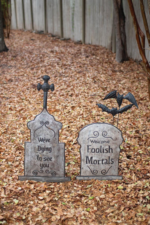 Set of Two Hand-Hammered Painted Metal Tombstone Yard Stakes