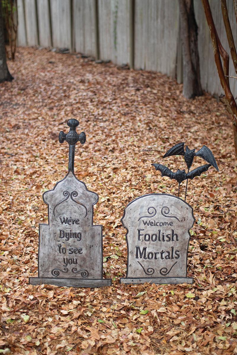 Set of Two Hand-Hammered Painted Metal Tombstone Yard Stakes