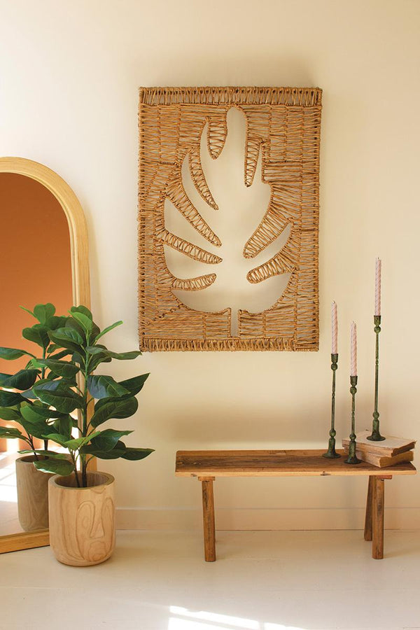 Woven Seagrass and Iron Leaf Wall Panel – Large Boho Nature Wall Décor