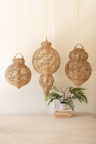 Set of Three Large Woven Seagrass and Iron Ornaments