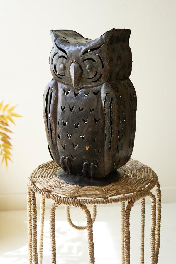 Rustic pierced iron owl luminary candle lantern