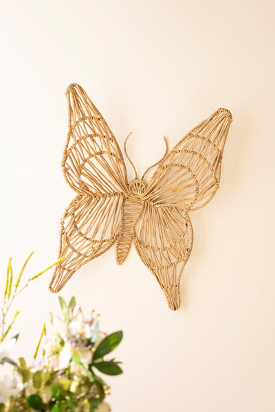 Kalalou Raw-Handmade Brown Butterfly Wall Decor in Seagrass & Iron – Boho Farmhouse Seasonal Décor