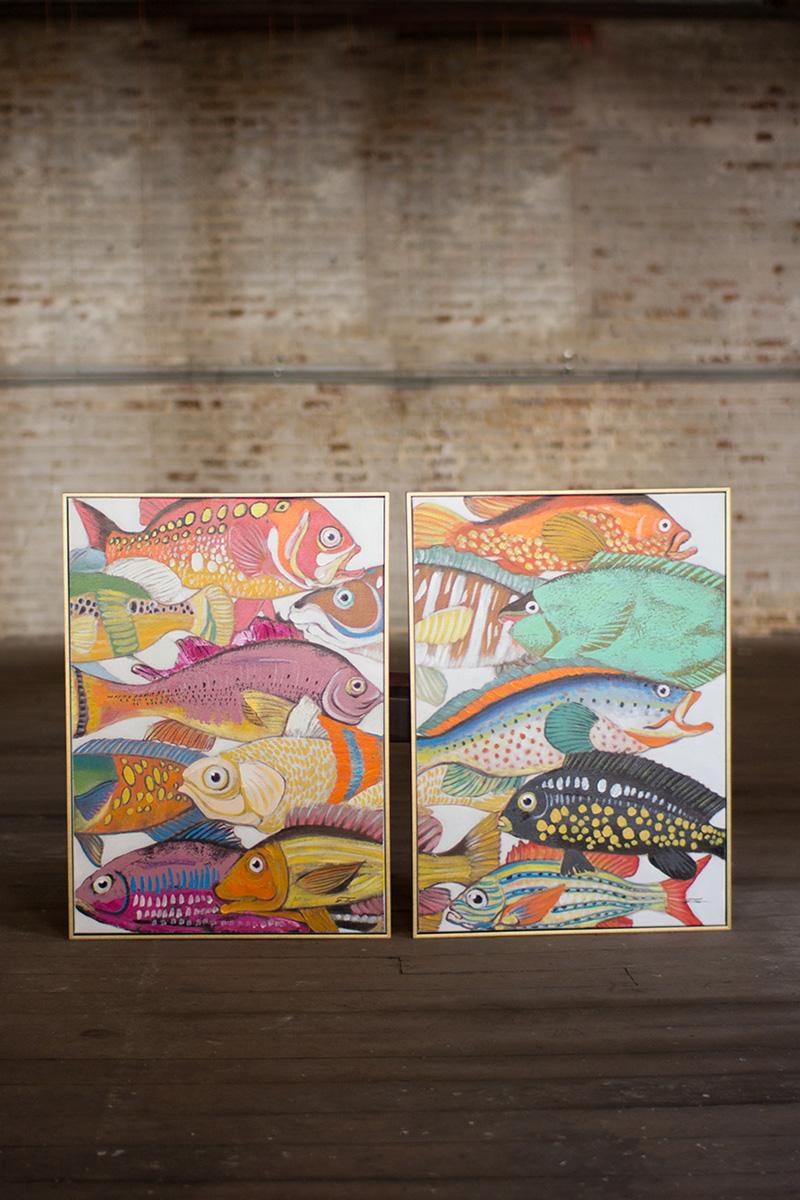 Set of Two Colorful Fish Gold Frame Acrylic Painting