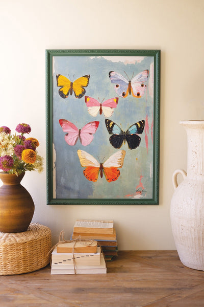Kalalou Raw-22 x 30 Framed Butterfly Painting with Textured Canvas – Cottage Spring Wall Décor