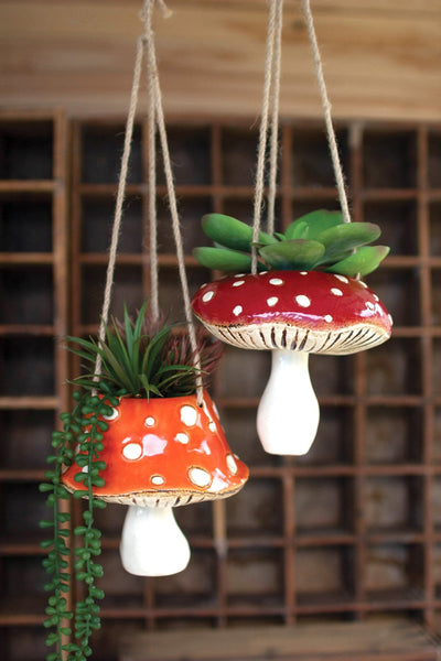 Kalalou Raw-Set of Two Ceramic Toadstool Hanging Planters – Whimsical Red Boho Spring Décor