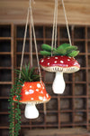 Set of Two Ceramic Toadstool Hanging Planters – Whimsical Red Boho Spring Décor