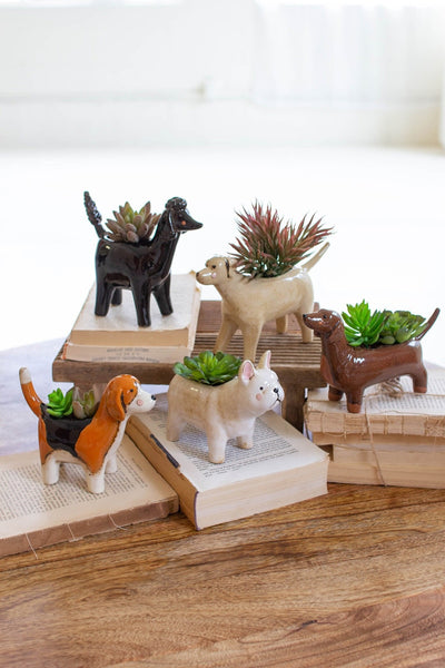 Kalalou Raw-Set of 5 Painted Ceramic Dog Planters – Glazed Transitional Spring Décor