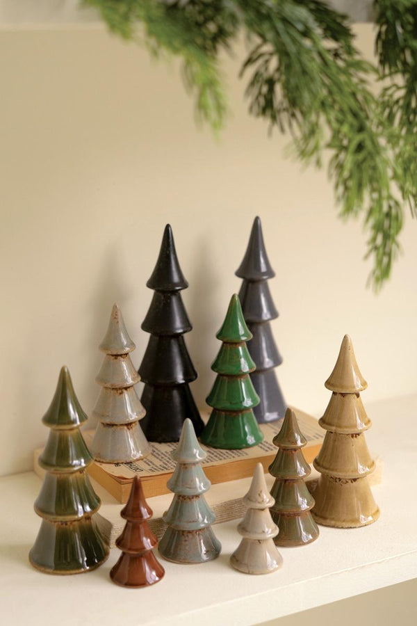 Set of Ten Ceramic Christmas Trees - Eclectic Holiday Tabletop Décor