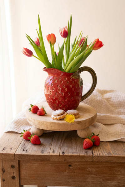 Kalalou Raw-Ceramic Strawberry Pitcher with Glazed Textured Finish – Cottage Summer Serving Décor