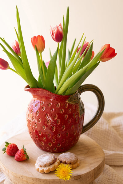 Ceramic Strawberry Pitcher with Glazed Textured Finish – Cottage Summer Serving Décor