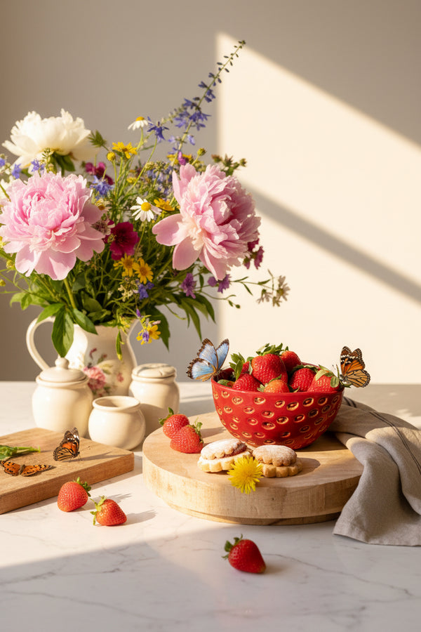 Set of 2 Glazed Ceramic Strawberry Bowls – Textured Summer Serving Décor