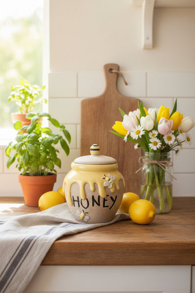 Set of 2 Glazed Ceramic Honey Jars – Farmhouse Spring Kitchen Décor