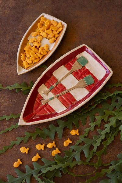 Kalalou Raw-Set of Two Ceramic Boat Platters – Glazed Cottage Spring Serving Décor