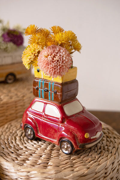 Kalalou Raw-Red Ceramic Car with Luggage Planter – Whimsical Cottage Spring Décor