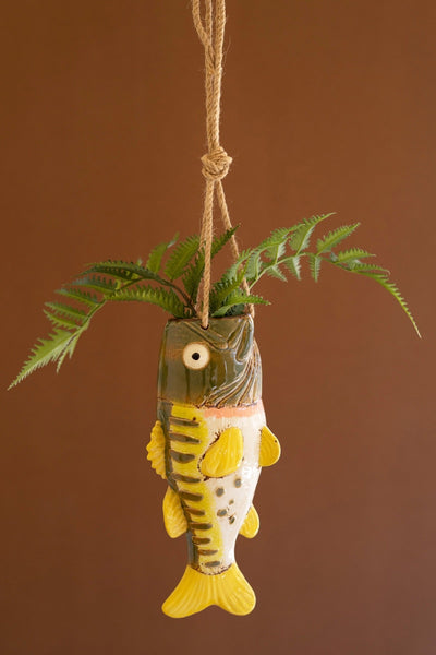 Kalalou Raw-Hanging Largemouth Bass Ceramic Planter with Jute – Whimsical Farmhouse Spring Décor