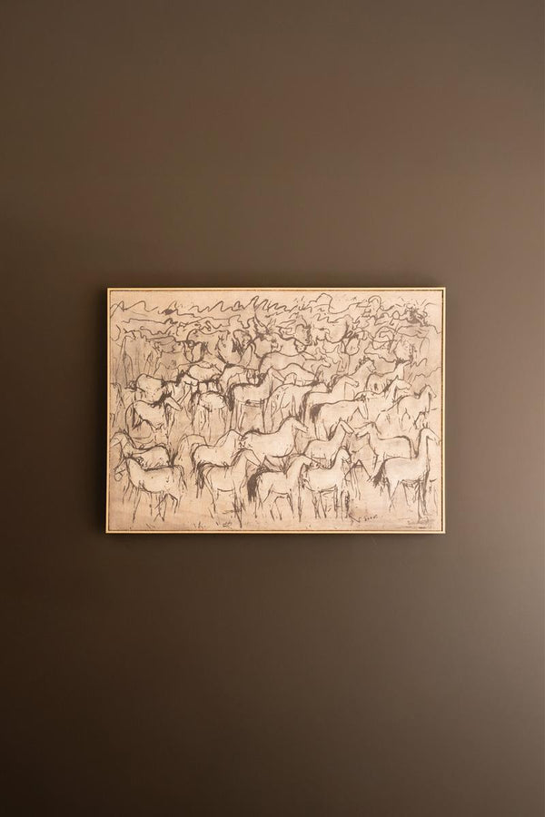 Large framed paint-over print of a thousand sketched horses