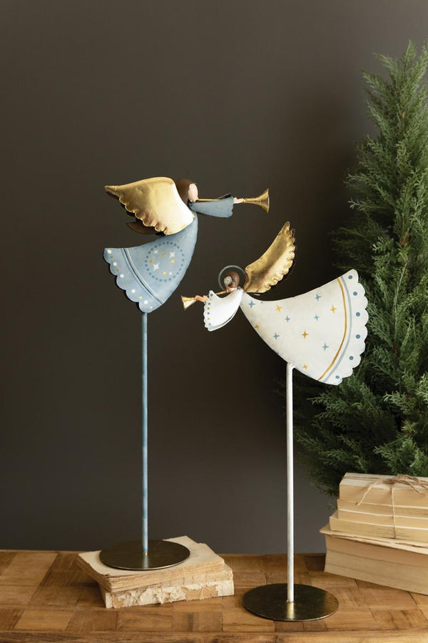 Set of Two Painted Metal Christmas Angels on Stands – Holiday Décor
