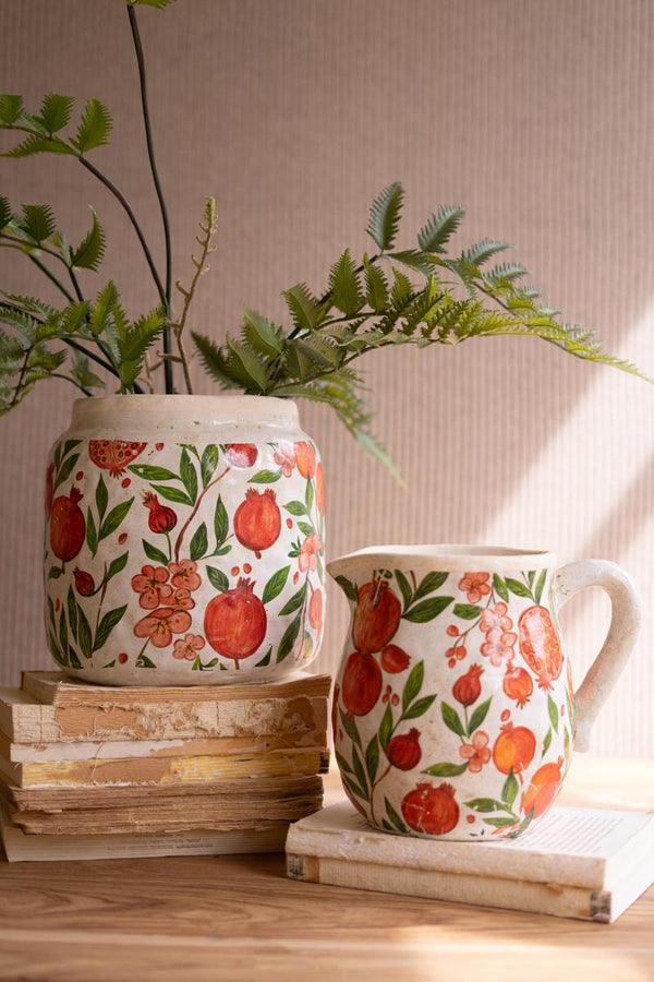 Set of two cement pitcher and vase with pomegranates
