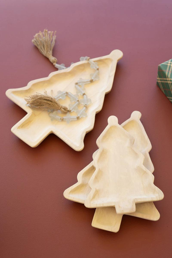 Set of Three Carved Wood Christmas Tree Platters - Eclectic Holiday Décor