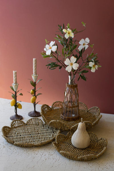 Set of Three Flower Shaped Woven Seagrass Trays