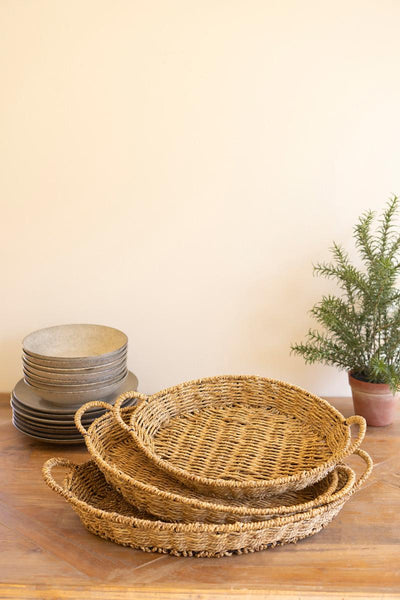 Set of Three Woven Vine Oval Trays with Handles