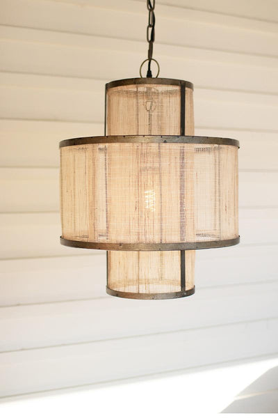 Round Double Layered Woven Fiber Metal Pendant Light Transitional