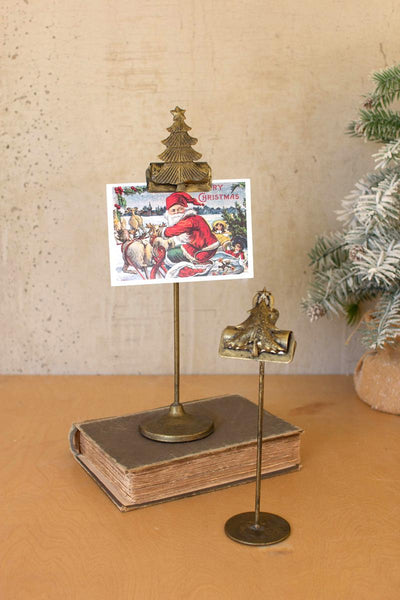 Set of Two Christmas Tree Card Clips on Stands - Antiqued Gold