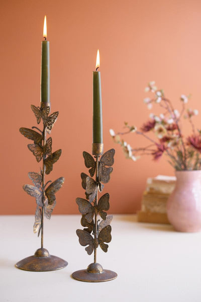 Set of 2 butterfly taper candle holders in antique gold