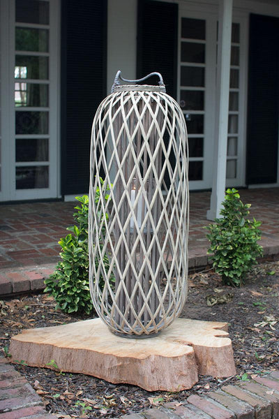 Tall Grey Willow Lantern with Glass Large Coastal
