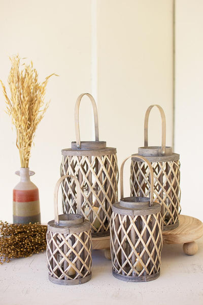 Set of Four Grey Willow Cylinder Lanterns Coastal