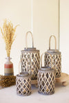 Set of Four Grey Willow Cylinder Lanterns with Glass Inserts – Coastal Candle Holders
