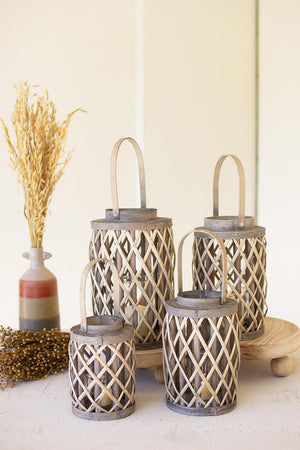 Set of Four Grey Willow Cylinder Lanterns with Glass Inserts – Coastal Candle Holders