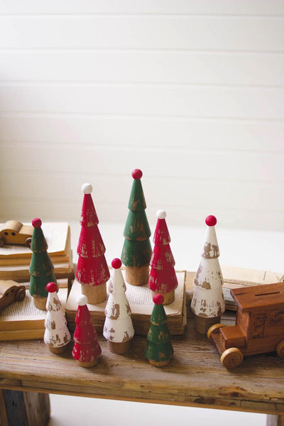 Set of Nine Turned Wood Painted Christmas Trees
