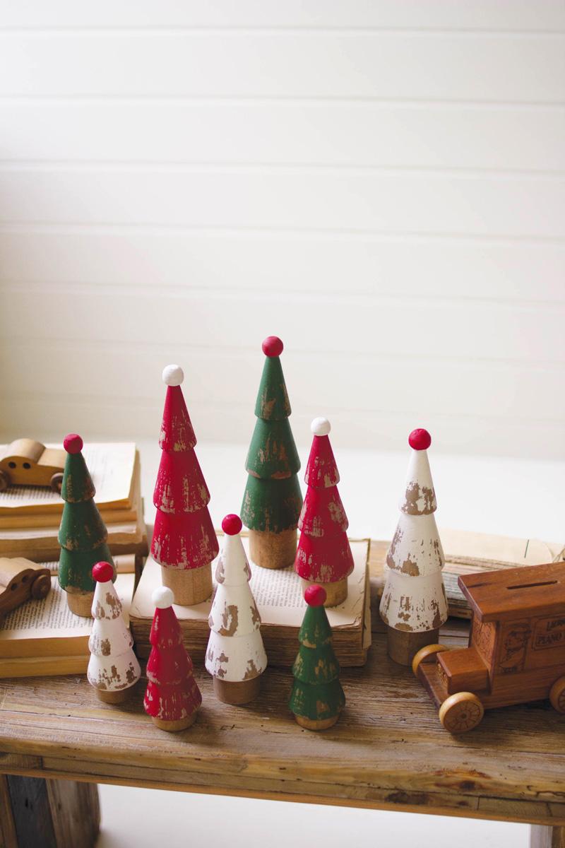 Set of Nine Turned Wood Painted Christmas Trees