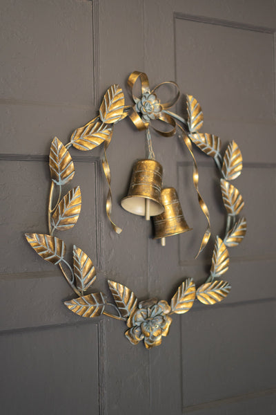 Antique Brass Christmas Wreath with Leaves and Bells – 26" gold metal holiday door wreath